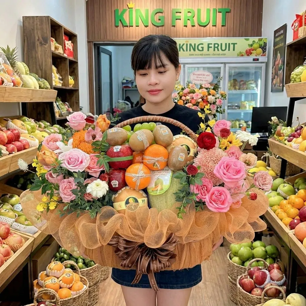 Nhân viên nữ cầm giỏ hoa quả bọc lưới cam có táo và cam dưới biển hiệu King Fruit. — King Fruit quận Tân Bình HCM
