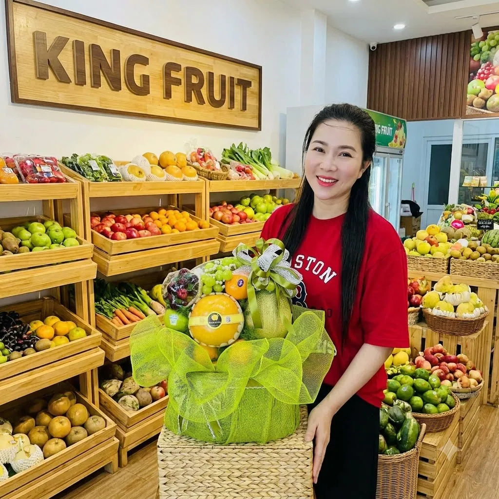 Khách nữ áo đỏ đứng cạnh giỏ rau củ quả bọc lưới xanh dưới biển hiệu King Fruit. — King Fruit Tiên Kỳ, Tiên Phước, Quảng Nam