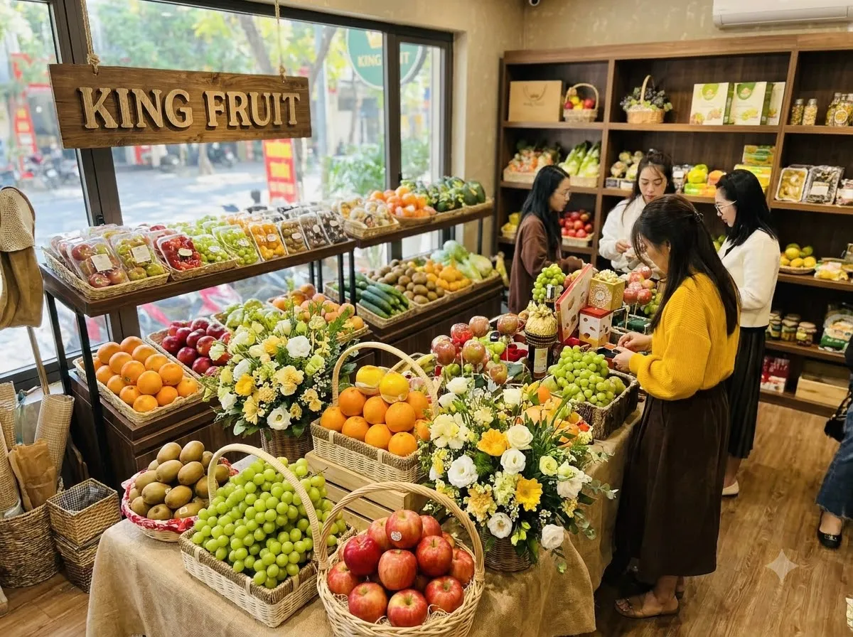 Khách hàng chọn mua trái cây và giỏ hoa quả trên bàn trong cửa hàng King Fruit. — King Fruit huyện Châu Thành, Tây Ninh