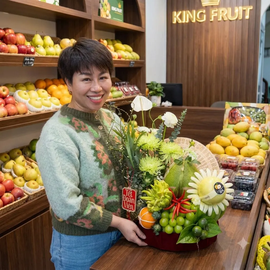 Nhân viên nữ mặc áo len cầm giỏ hoa quả có dưa lưới khắc hoa trong cửa hàng King Fruit. — King Fruit Tân Phú Đông, Tiền Giang