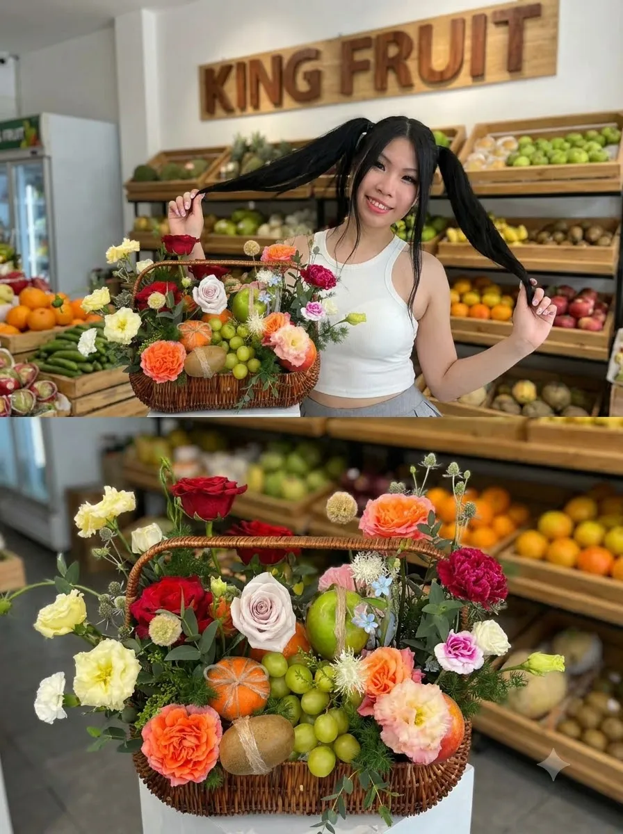 Ghép ảnh cô gái tạo dáng và giỏ hoa quả kết hoa hồng trước kệ trái cây King Fruit. — King Fruit huyện Bá Thước, Thanh Hoá