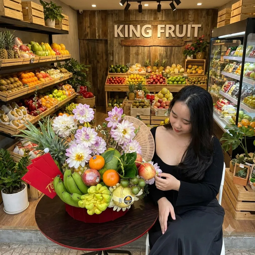 Khách nữ ngồi cạnh giỏ hoa quả có chuối và xoài trang trí hoa trong cửa hàng King Fruit. — King Fruit Tân Phú Đông, Tiền Giang