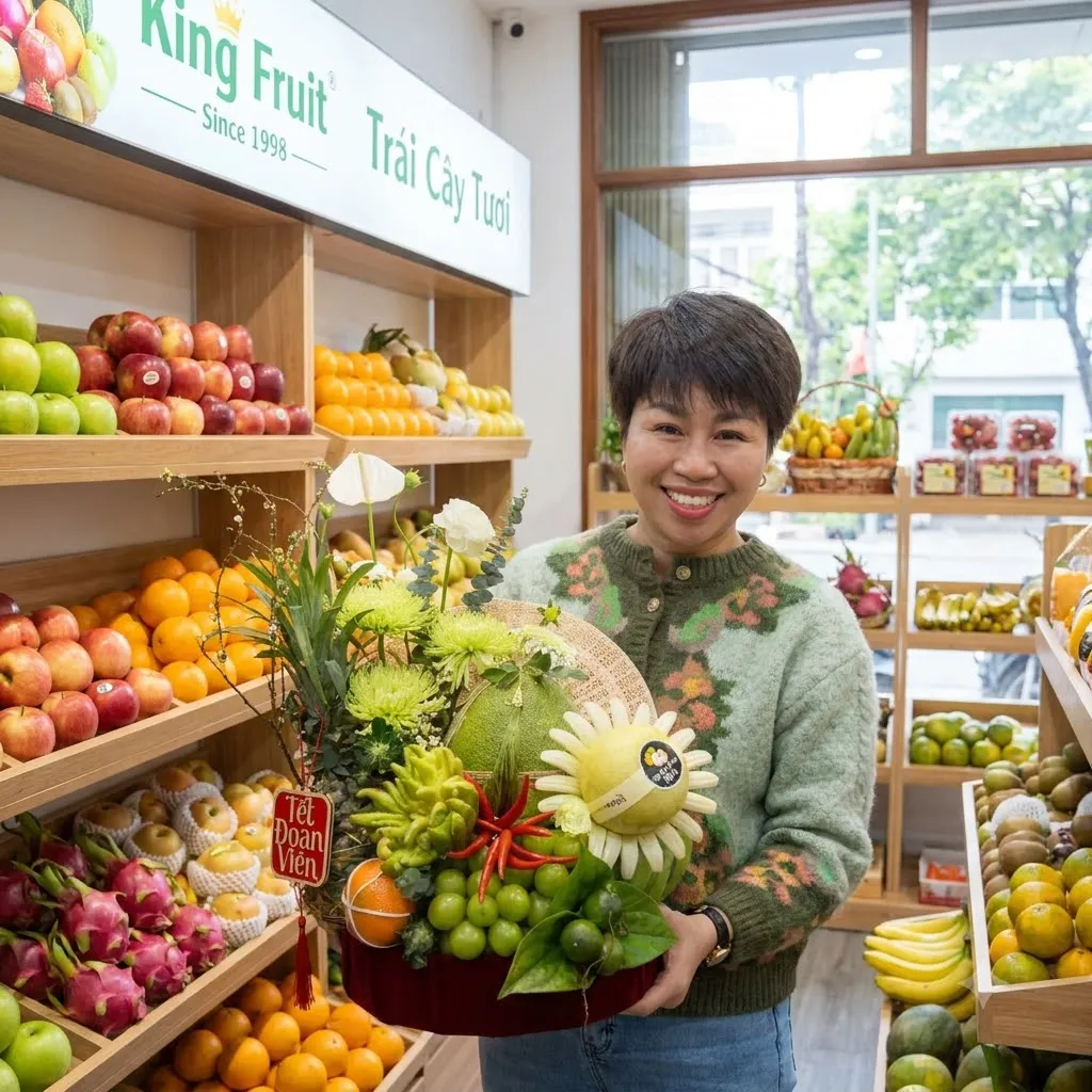 Nhân viên nữ tóc ngắn cầm giỏ hoa quả khắc hoa trước kệ trái cây trong cửa hàng King Fruit. — King Fruit huyện Tân Kỳ, Nghệ An