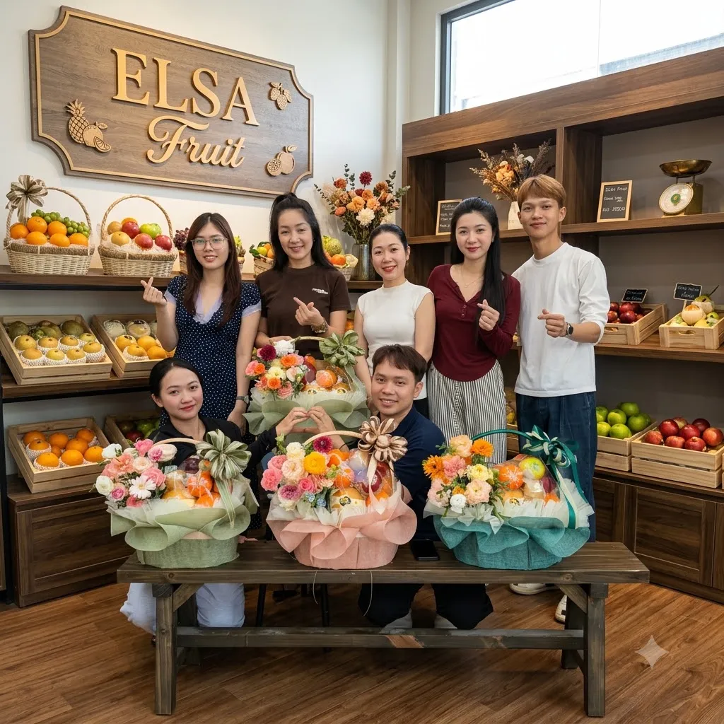 Nhóm nhân viên ELSA Fruit bên ba giỏ hoa quả bọc lưới trong cửa hàng — ELSA Fruit huyện Đạ Huoai, Lâm Đồng
