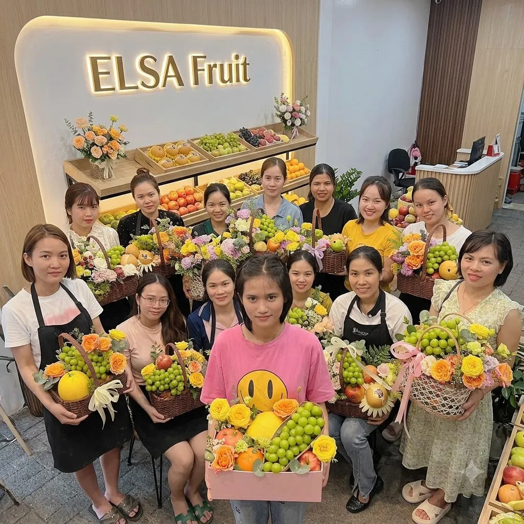Tập thể nhân viên ELSA Fruit cầm giỏ trái cây và hoa trong cửa hàng — ELSA Fruit Phù Mỹ, Bình Định