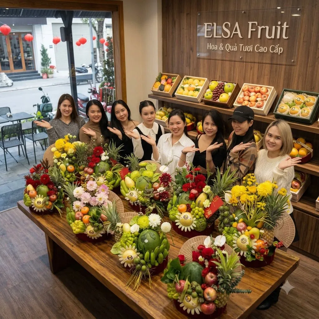 Nhóm nhân viên ELSA Fruit bên bàn dài bày nhiều mâm quả cắm hoa — ELSA Fruit huyện Quan Hóa, Thanh Hoá