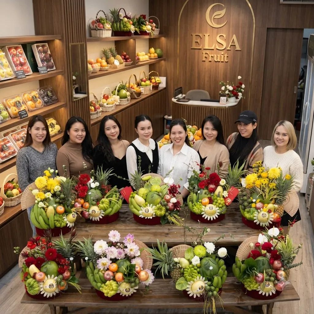 Tập thể nhân viên ELSA Fruit sau bàn bày nhiều giỏ hoa quả cắm hoa — ELSA Fruit Nam Sách, Hải Dương