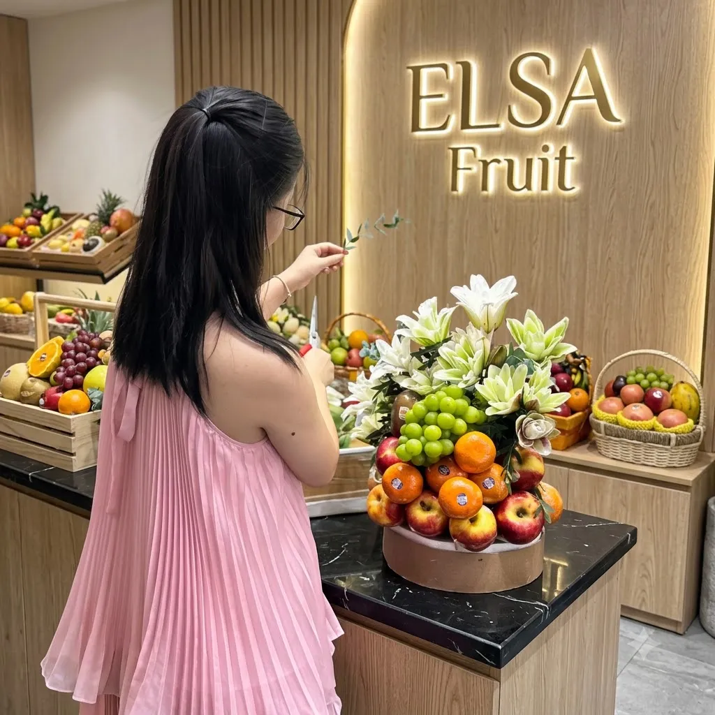 Nhân viên váy hồng cắm lẵng táo, cam, nho xanh và hoa ly trắng tại ELSA Fruit — ELSA Fruit An Lão, Bình Định