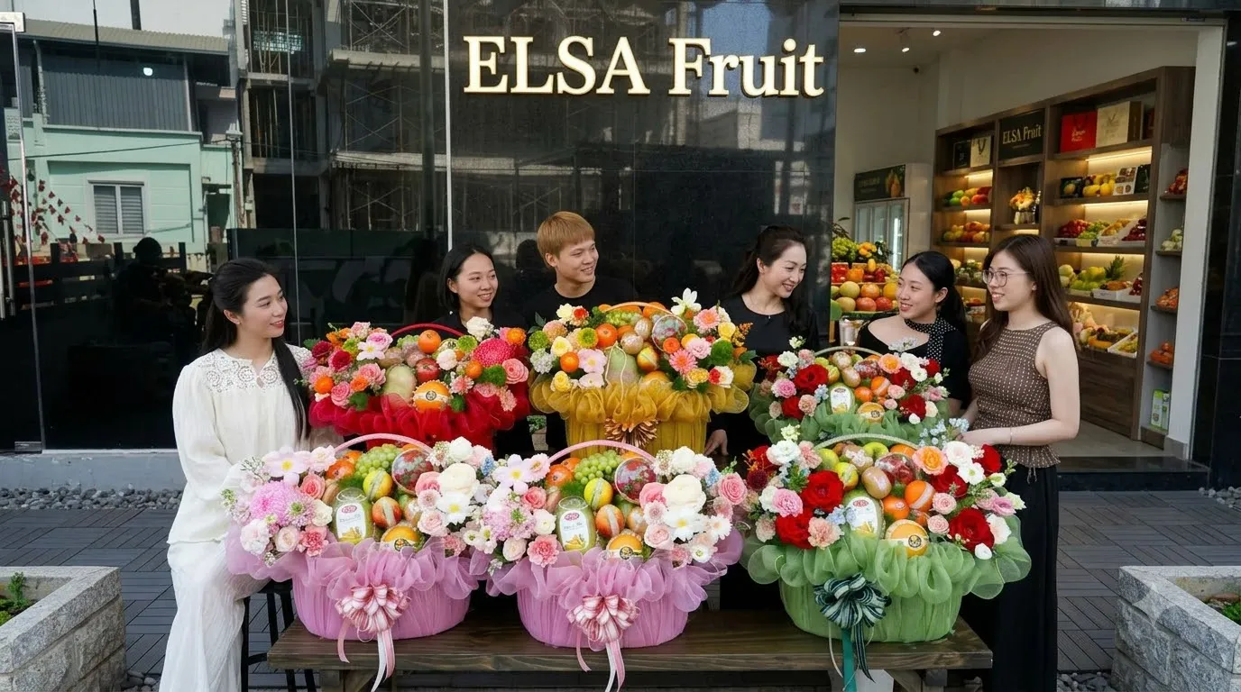 Nhóm nhân viên ELSA Fruit bên các giỏ hoa quả cắm hoa hồng trước cửa hàng — ELSA Fruit Cẩm Giàng, Hải Dương