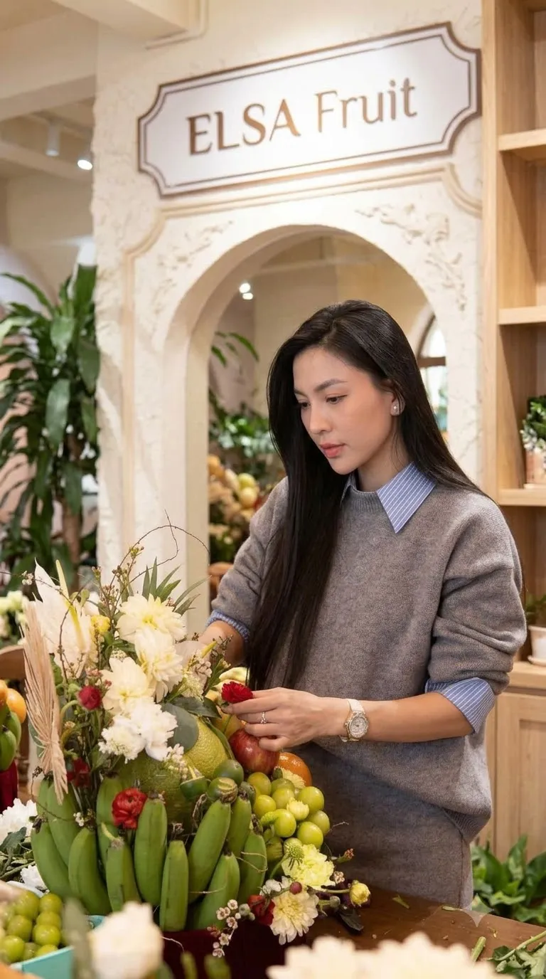 Nhân viên cắm mâm quả chuối xanh và hoa trắng dưới biển hiệu ELSA Fruit — ELSA Fruit Đức Hòa, Long An