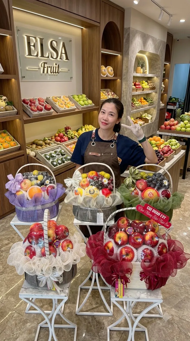 Nhân viên bên các giỏ hoa quả táo đỏ, nho bọc lưới đỏ và tím trong ELSA Fruit — ELSA Fruit huyện Phú Quý, Bình Thuận