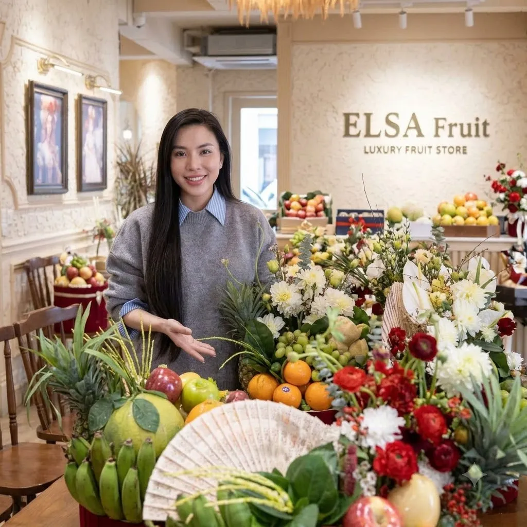 Nhân viên bên lẵng ngũ quả lớn có chuối, dứa, bưởi và hoa trắng đỏ tại ELSA Fruit — ELSA Fruit huyện Cẩm Mỹ, Đồng Nai