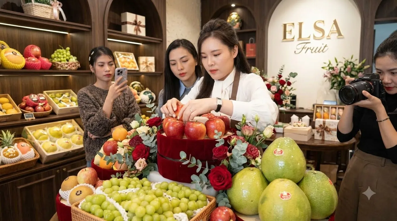 Nhân viên cắm giỏ trái cây táo đỏ, bưởi, nho xanh trong cửa hàng ELSA Fruit — ELSA Fruit huyện Quan Hóa, Thanh Hoá