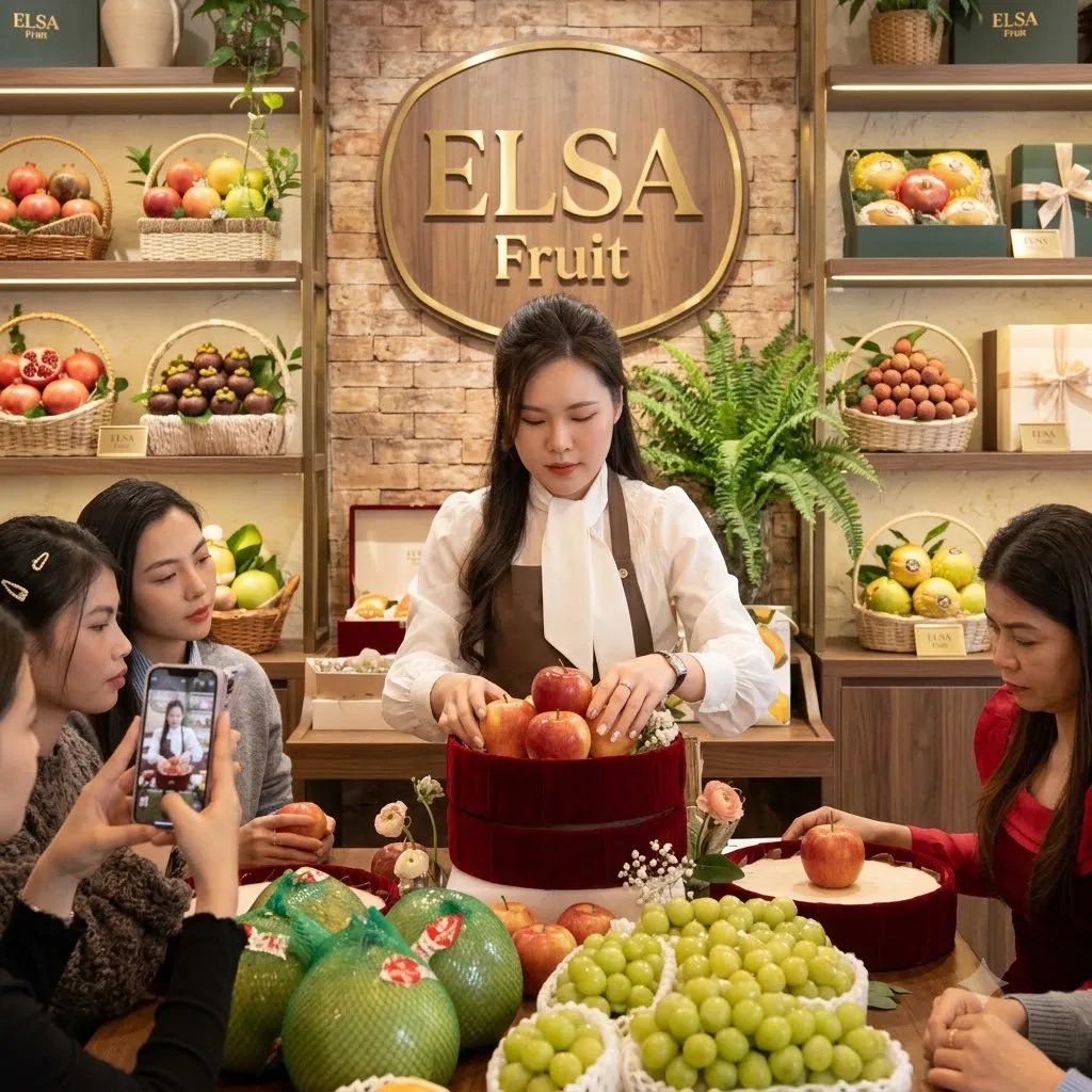 Nhân viên hướng dẫn khách cắm giỏ trái cây với táo, bưởi, nho xanh tại ELSA Fruit — ELSA Fruit huyện Tam Dương, Vĩnh Phúc