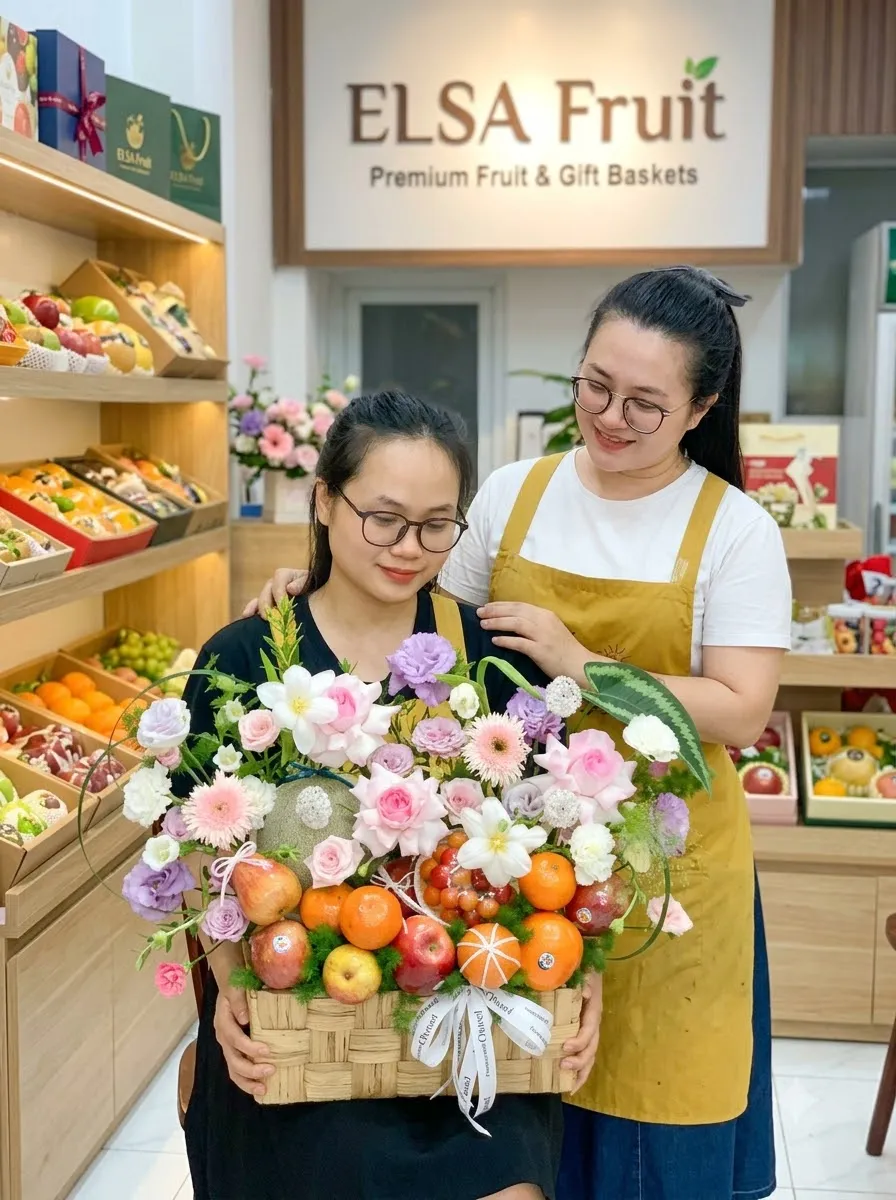 Hai nhân viên ELSA Fruit cầm giỏ mây cam, táo và hoa hồng, hoa cúc nhiều màu — ELSA Fruit Cẩm Giàng, Hải Dương