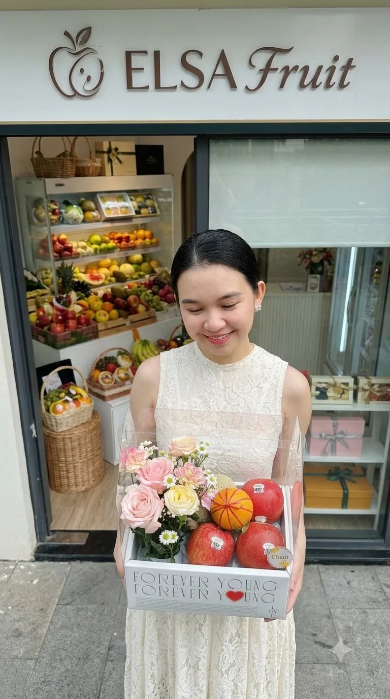 Nhân viên váy trắng cầm hộp quà táo và hoa hồng trước cửa ELSA Fruit — ELSA Fruit huyện Trấn Yên, Yên Bái