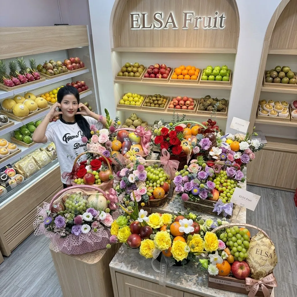 Nhân viên bên các giỏ hoa quả cắm hoa tím, vàng, hồng trên quầy ELSA Fruit — ELSA Fruit huyện Nậm Nhùn, Lai Châu
