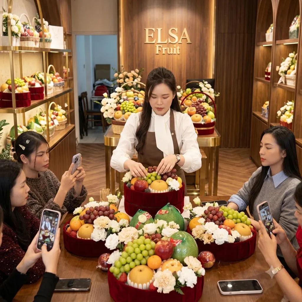 Nhân viên hướng dẫn khách cắm giỏ trái cây nho xanh, dưa lưới tại ELSA Fruit — ELSA Fruit Đak Pơ, Gia Lai