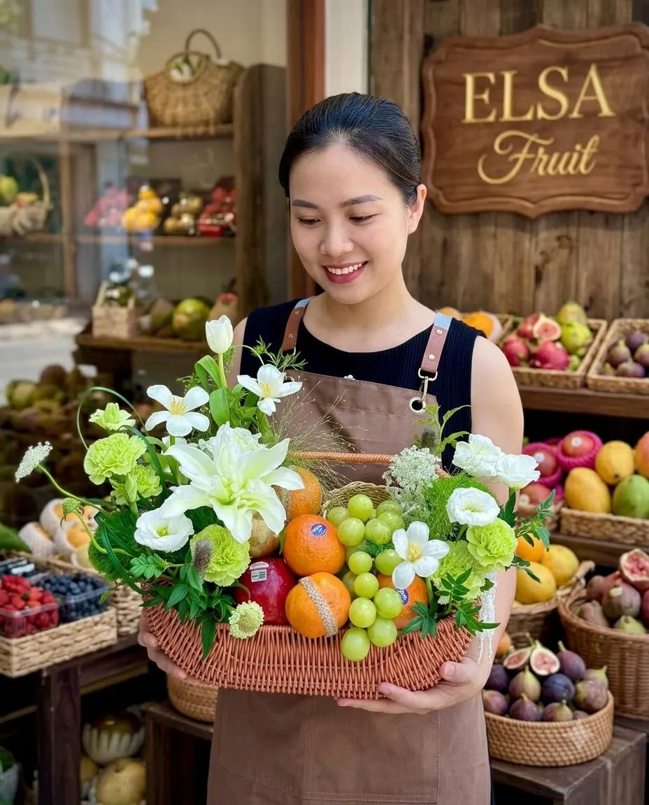 Nhân viên cầm giỏ mây cam, nho xanh và hoa ly trắng trong cửa hàng ELSA Fruit — ELSA Fruit huyện Tam Dương, Vĩnh Phúc