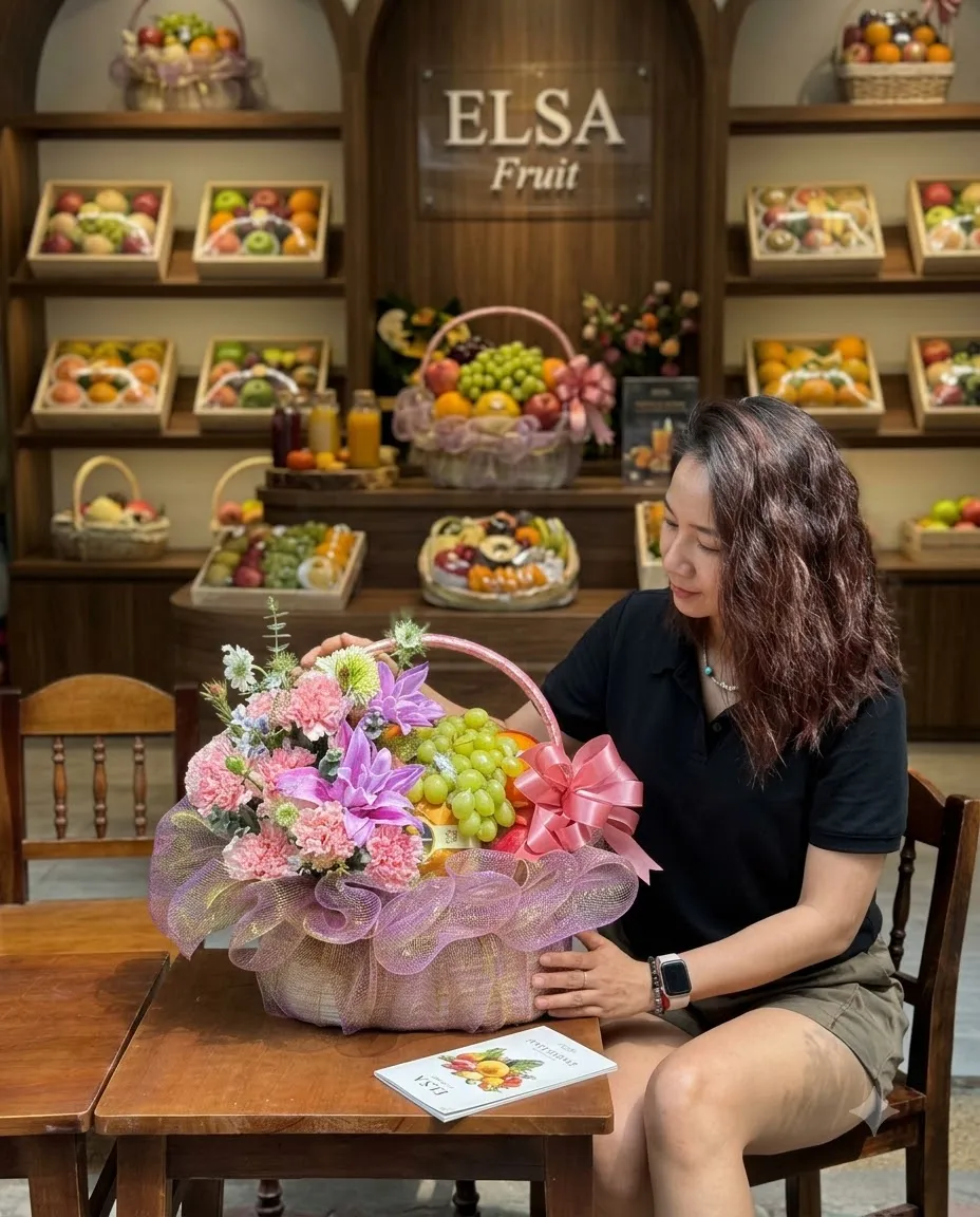 Khách ngồi bên giỏ hoa quả nho xanh cắm hoa hồng và lan tím trong cửa hàng ELSA Fruit — ELSA Fruit huyện Phú Quý, Bình Thuận