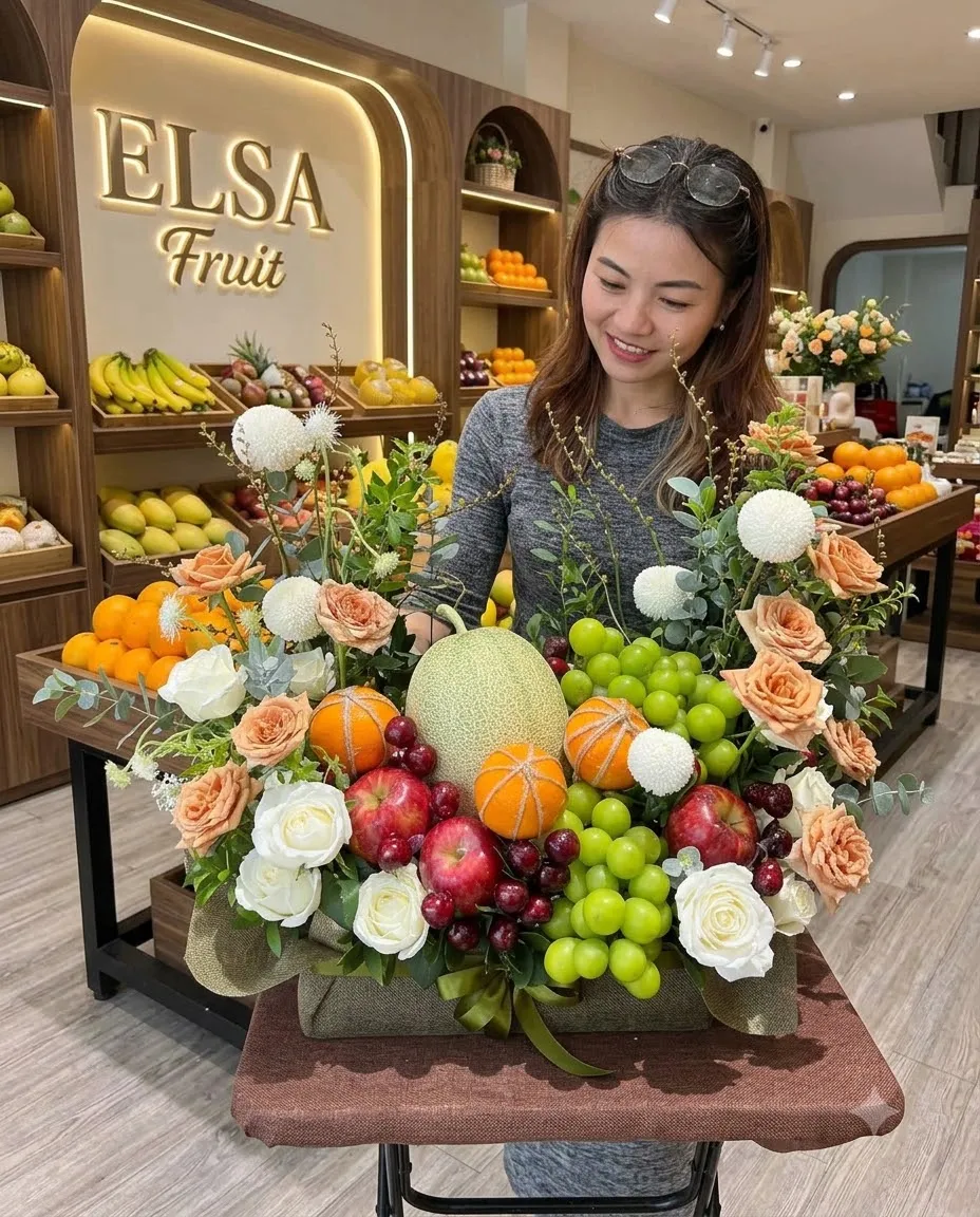 Nhân viên cắm giỏ hoa quả dưa lưới, nho xanh, lựu và hoa hồng trắng tại ELSA Fruit — ELSA Fruit Vĩnh Yên - Vĩnh Phúc