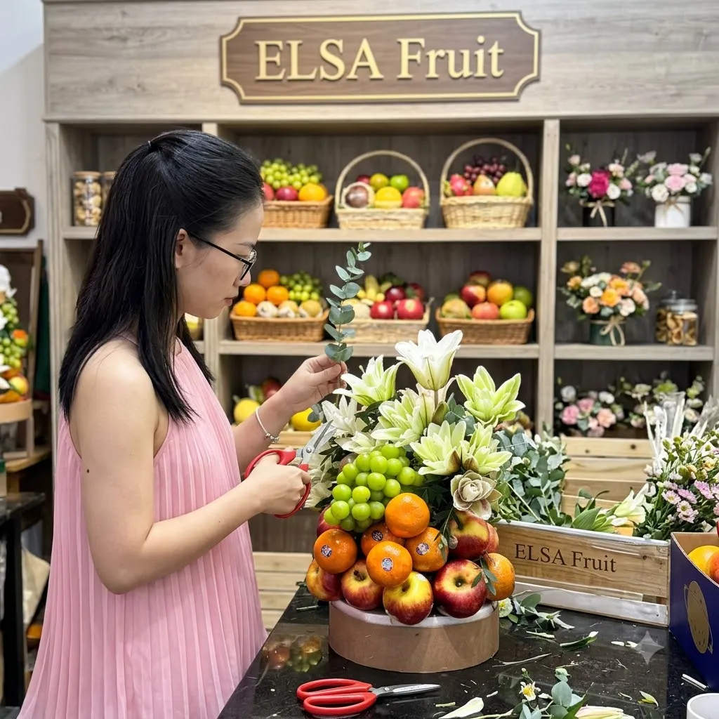 Nhân viên váy hồng cắm lẵng cam, táo, nho xanh và hoa ly trắng tại ELSA Fruit — ELSA Fruit huyện Giồng Riềng, Kiên Giang