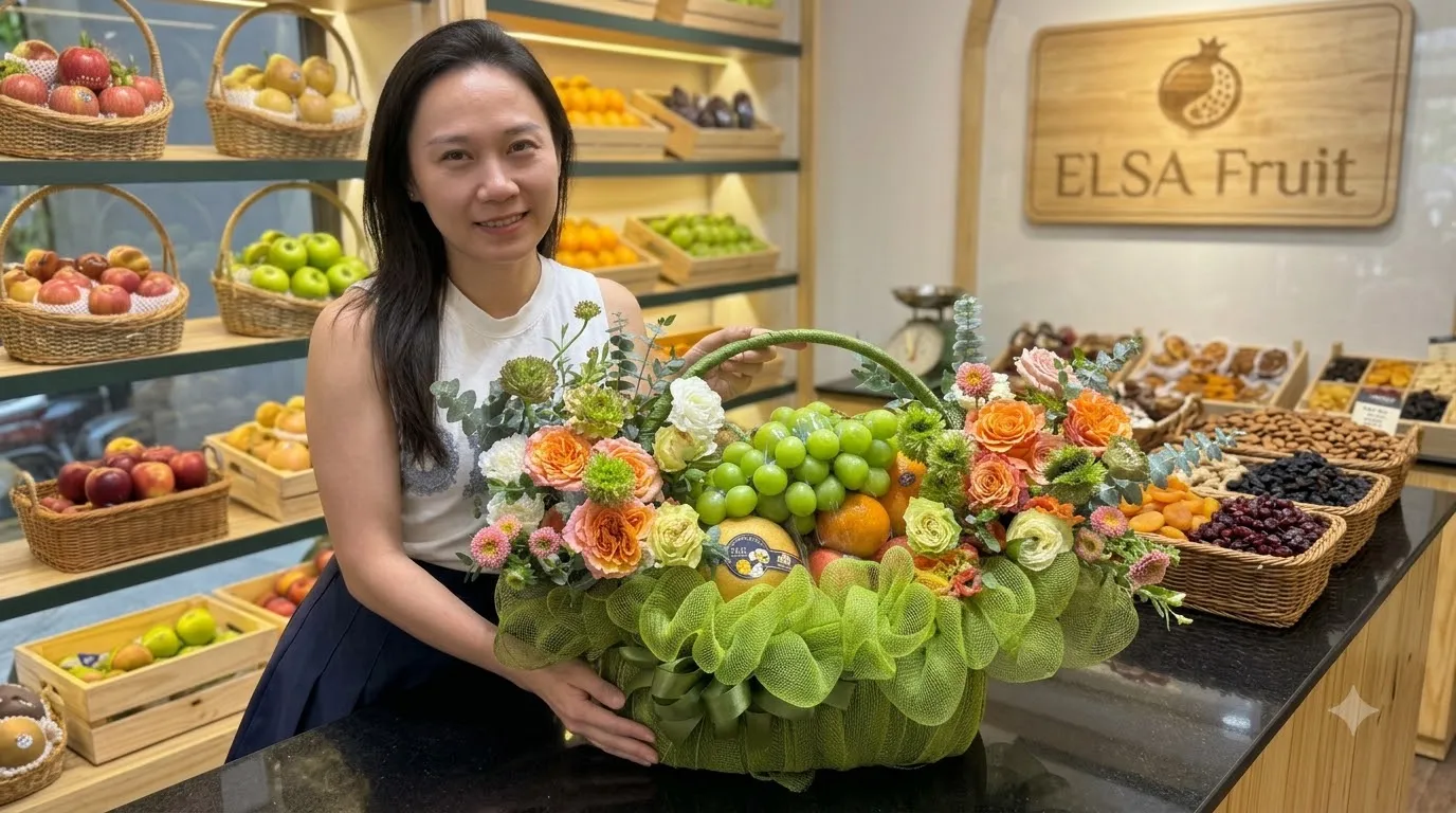 Nhân viên ngồi bên giỏ hoa quả nho xanh, cam và hoa cam bọc lưới xanh tại ELSA Fruit — ELSA Fruit thị xã Ngã Năm, Sóc Trăng