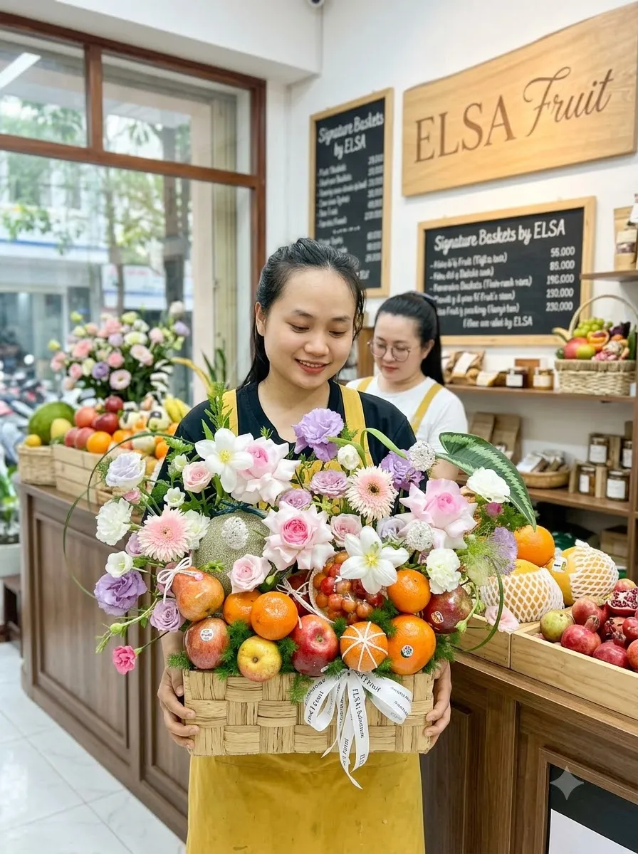 Nhân viên tạp dề vàng ôm giỏ mây táo, cam và hoa hồng, cúc tím tại ELSA Fruit — ELSA Fruit huyện Nho Quan, Ninh Bình