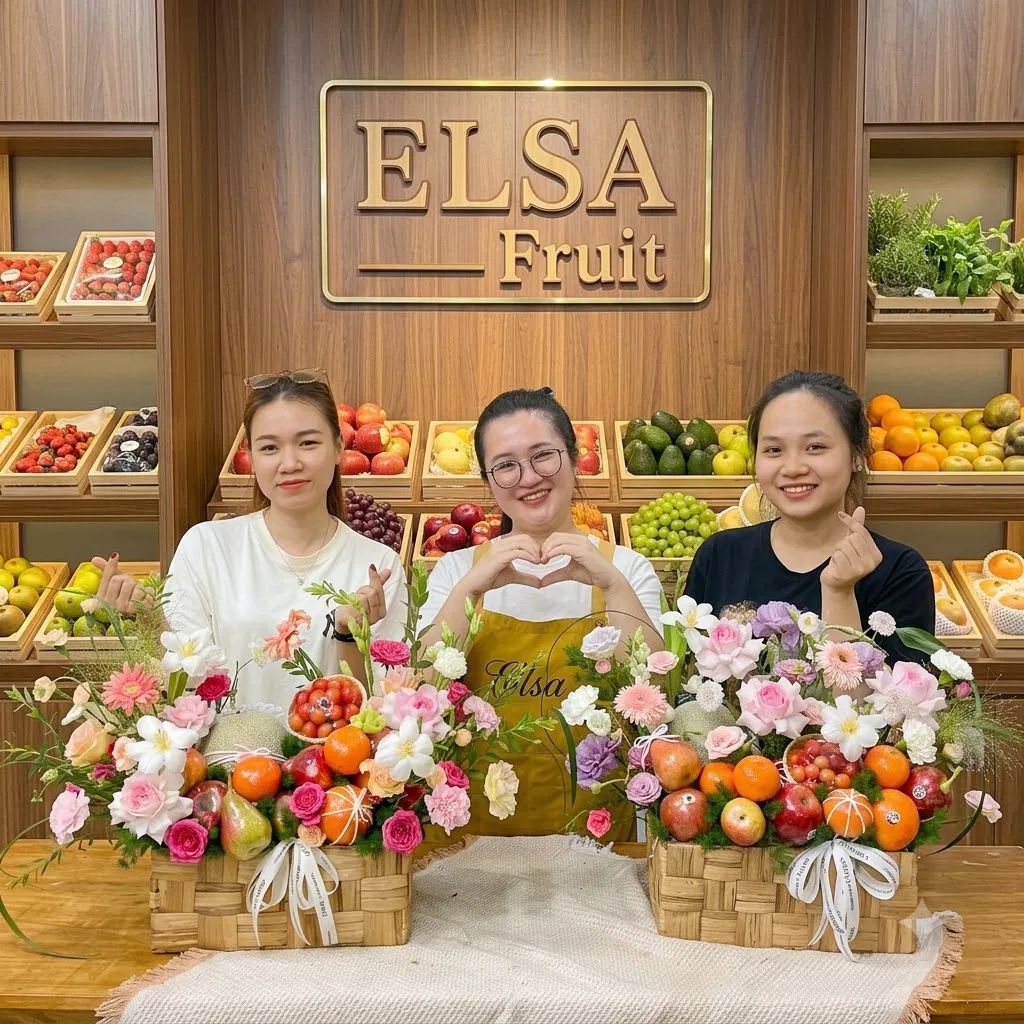 Ba nhân viên ELSA Fruit bên hai giỏ mây hoa quả cắm hoa hồng trắng — ELSA Fruit huyện Giồng Riềng, Kiên Giang