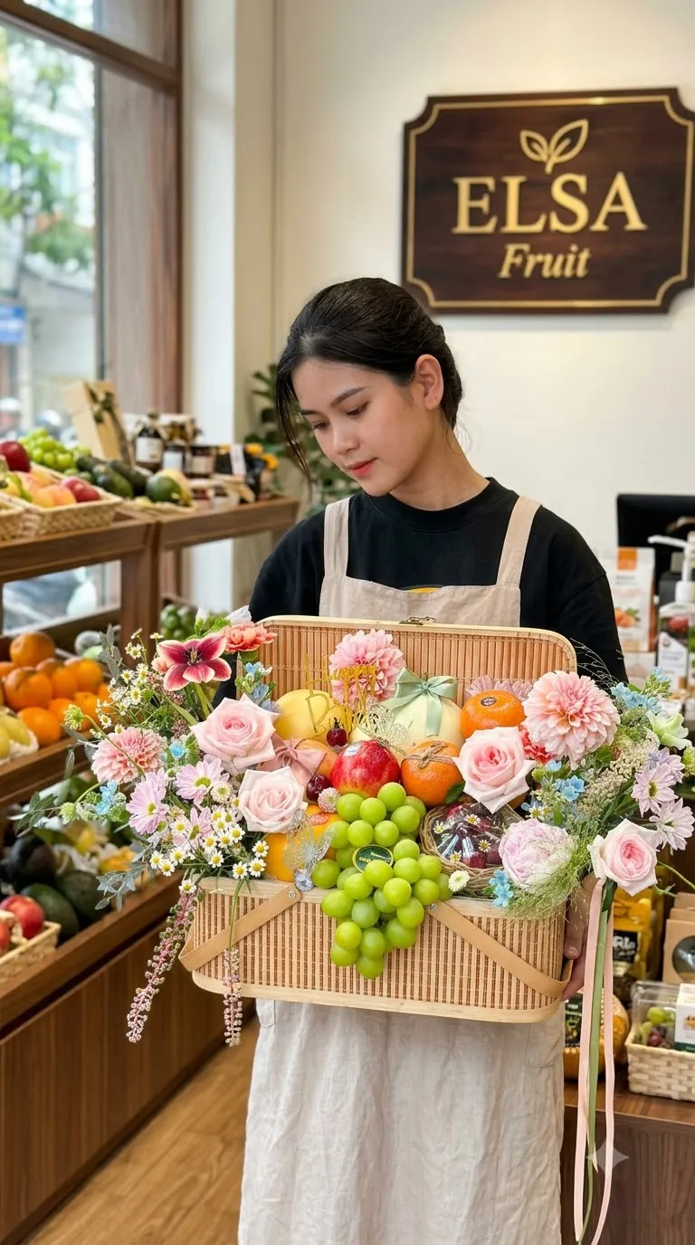 Nhân viên ôm giỏ mây nho xanh, cam và hoa hồng pastel tại ELSA Fruit — ELSA Fruit huyện Nậm Nhùn, Lai Châu