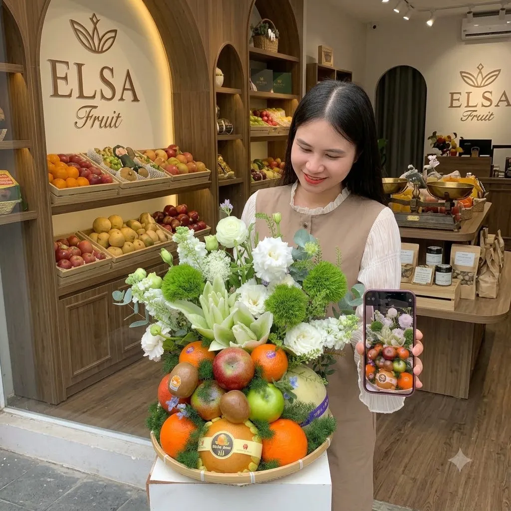 Nhân viên chụp ảnh giỏ trái cây cam, táo, lựu và hoa trắng xanh tại ELSA Fruit — ELSA Fruit huyện Đô Lương, Nghệ An