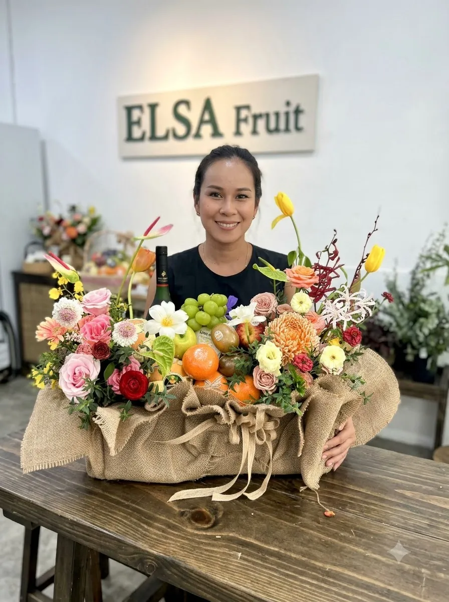 Nhân viên bên giỏ hoa quả cam, táo, nho xanh cắm hoa nhiều màu bọc vải bố tại ELSA Fruit — ELSA Fruit Ia Grai, Gia Lai