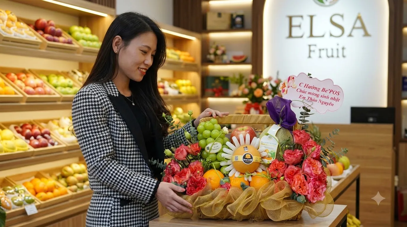 Nhân viên bên giỏ hoa quả cam, táo cắm hoa kèm thiệp chúc mừng tại ELSA Fruit — ELSA Fruit Vĩnh Yên - Vĩnh Phúc