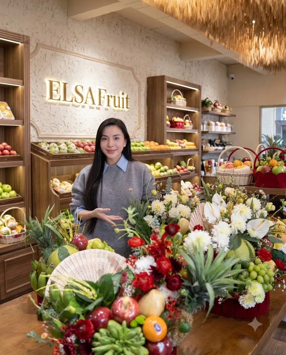 Nhân viên giới thiệu lẵng ngũ quả chuối, dứa, lựu và hoa trắng đỏ tại ELSA Fruit — ELSA Fruit huyện Tam Đường, Lai Châu