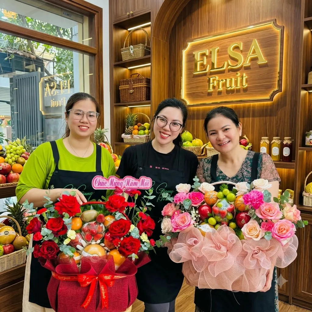 Ba nhân viên cầm giỏ hoa quả hoa hồng đỏ và giỏ hoa hồng phấn tại ELSA Fruit — ELSA Fruit huyện Phú Vang, Huế