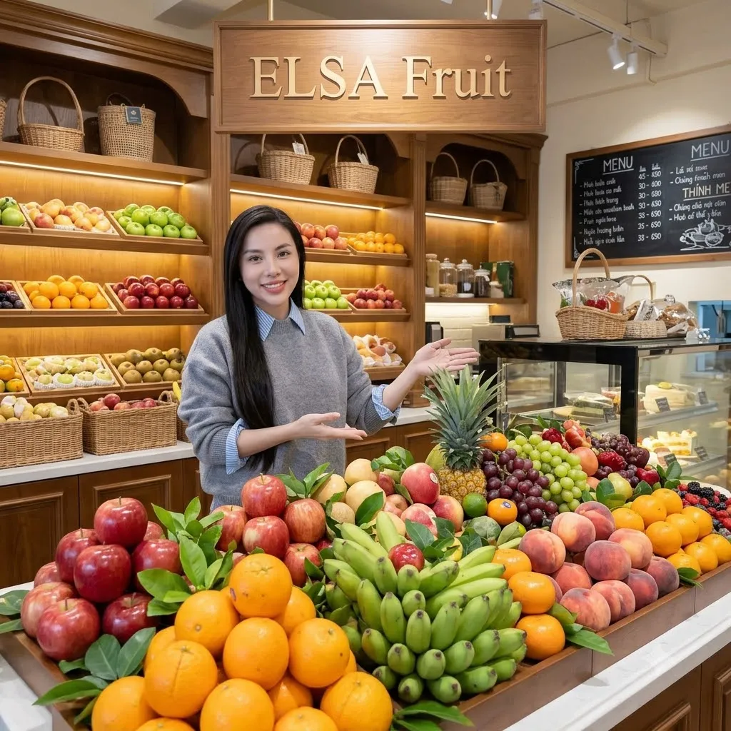 Nhân viên giới thiệu quầy cam, táo, chuối, dứa và nho trong cửa hàng ELSA Fruit — ELSA Fruit Vĩnh Yên - Vĩnh Phúc