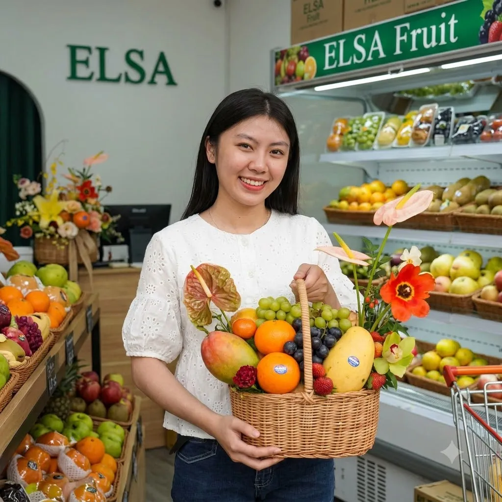 Nhân viên áo trắng cầm giỏ mây xoài, cam, nho và hoa đỏ tại ELSA Fruit — ELSA Fruit huyện Quan Hóa, Thanh Hoá
