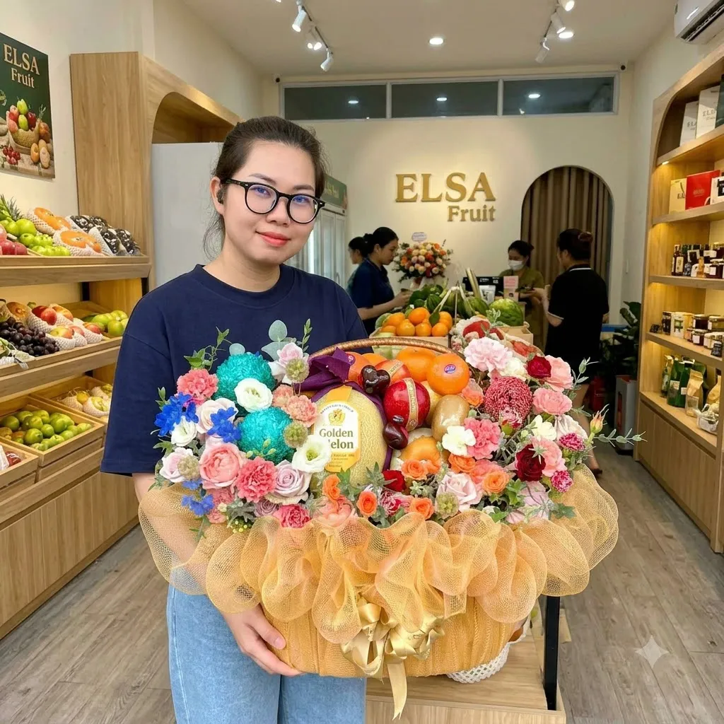 Nhân viên đeo kính ôm giỏ hoa quả lớn cắm hoa nhiều màu bọc lưới vàng tại ELSA Fruit — ELSA Fruit huyện Bắc Yên, Sơn La