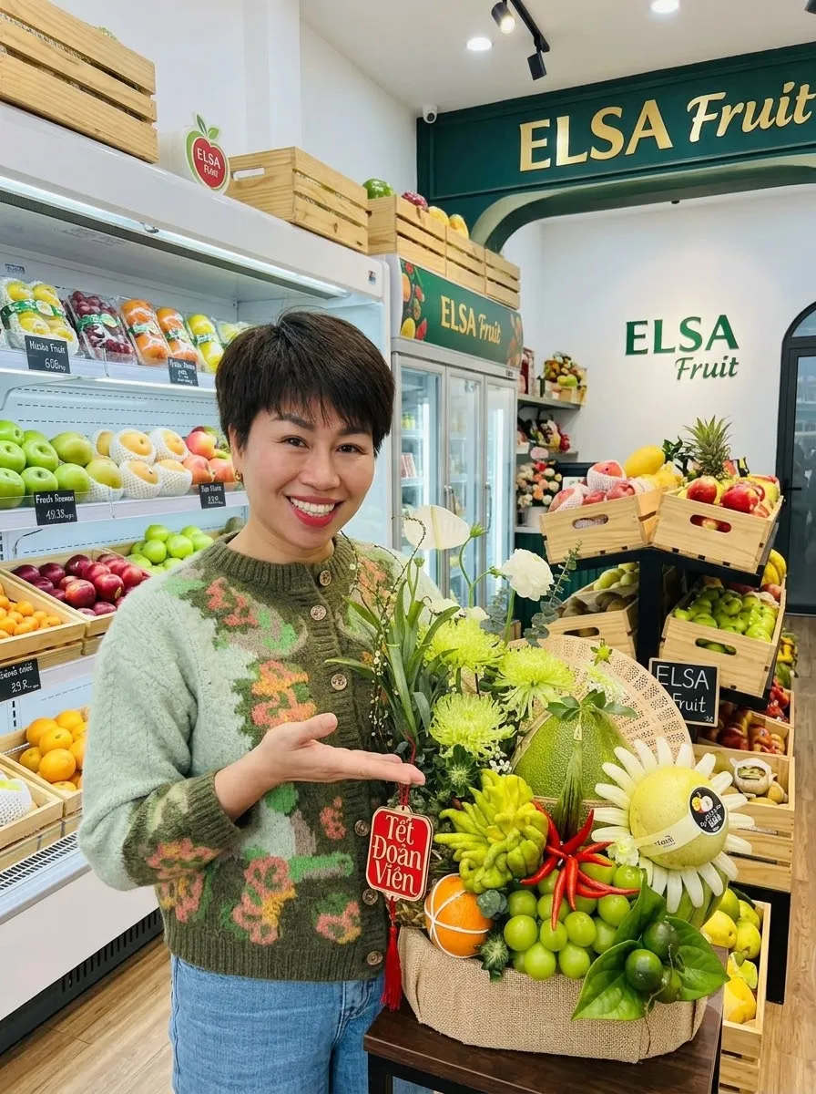 Nhân viên áo len xanh bên mâm quả cắm hoa cúc vàng trong ELSA Fruit — ELSA Fruit Cái Nước, Cà Mau