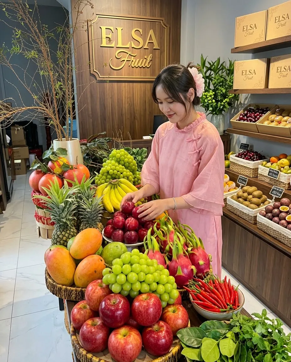 Nhân viên áo dài hồng sắp xếp mâm táo, nho xanh, xoài, thanh long tại ELSA Fruit — ELSA Fruit huyện Duyên Hải, Trà Vinh