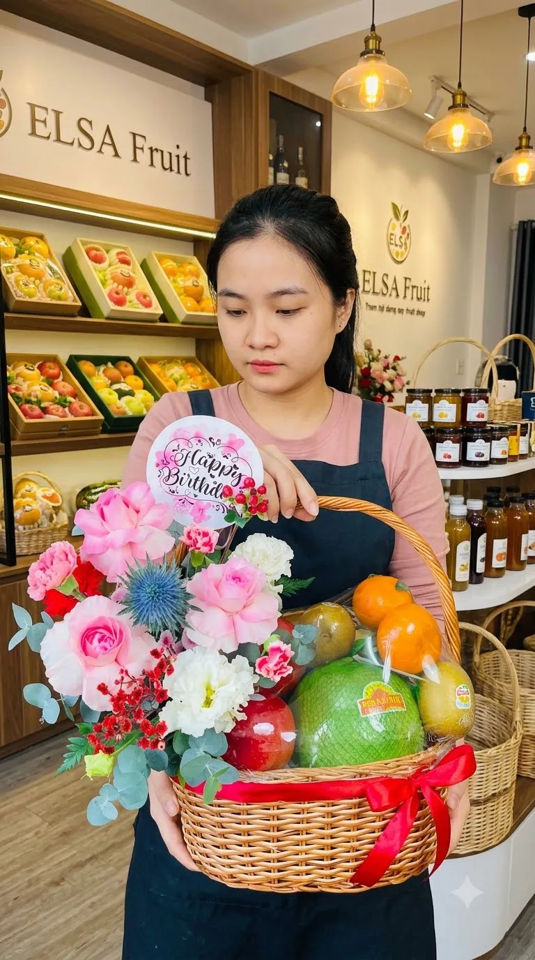 Nhân viên cầm giỏ mây hoa hồng, cam, bưởi kèm thiệp Happy Birthday trong ELSA Fruit — ELSA Fruit Đức Hòa, Long An