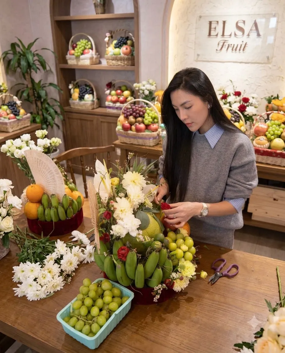 Nhân viên cắm mâm quả chuối xanh, bưởi và hoa trắng trên bàn gỗ ELSA Fruit — ELSA Fruit Vĩnh Yên - Vĩnh Phúc