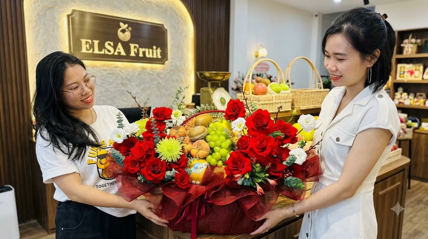 Hai nhân viên cùng nâng giỏ hoa quả hoa hồng đỏ, nho xanh trong ELSA Fruit — ELSA Fruit huyện Ba Chẽ, Quảng Ninh