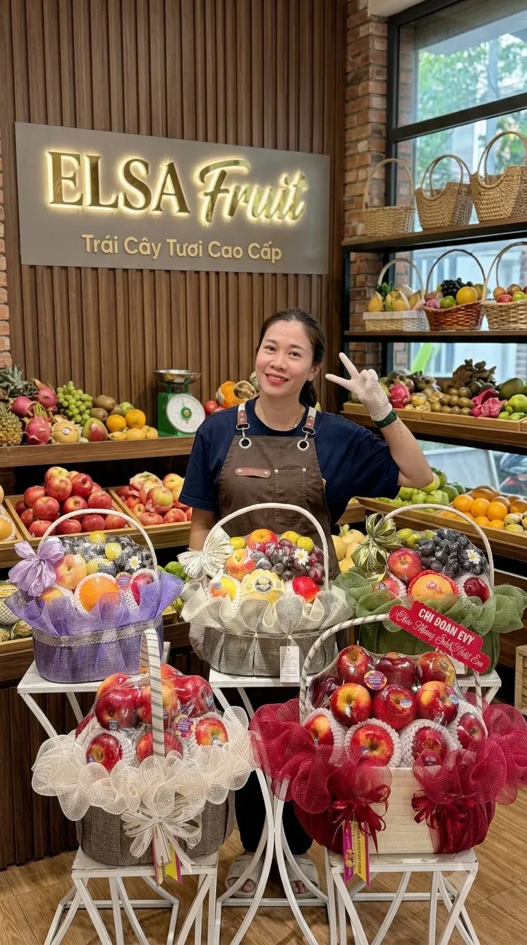 Nhân viên bên các giỏ hoa quả táo, nho bọc lưới tím, đỏ trong ELSA Fruit — ELSA Fruit An Phú An Giang