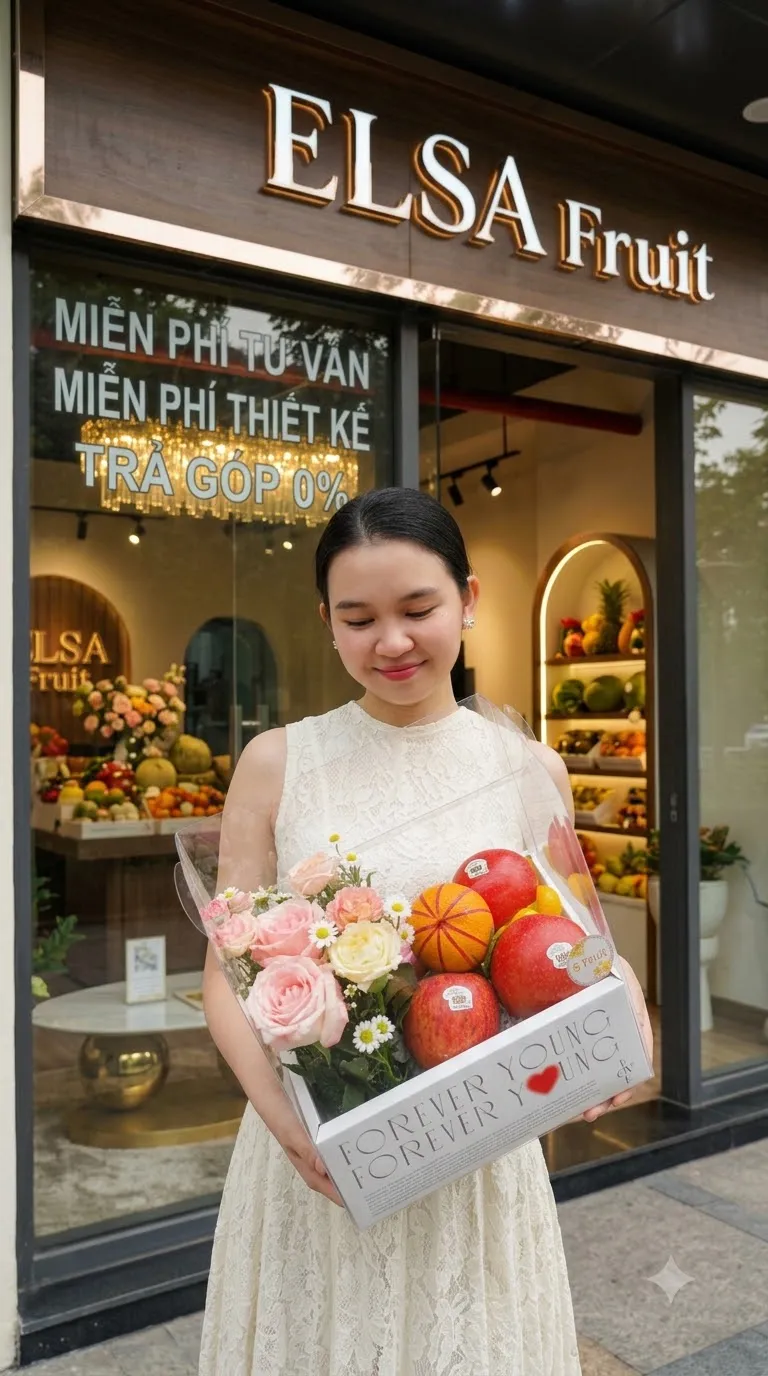 Nhân viên váy trắng cầm hộp quà táo, cam và hoa hồng trước cửa ELSA Fruit — ELSA Fruit Krông Ana, Đăk lăk