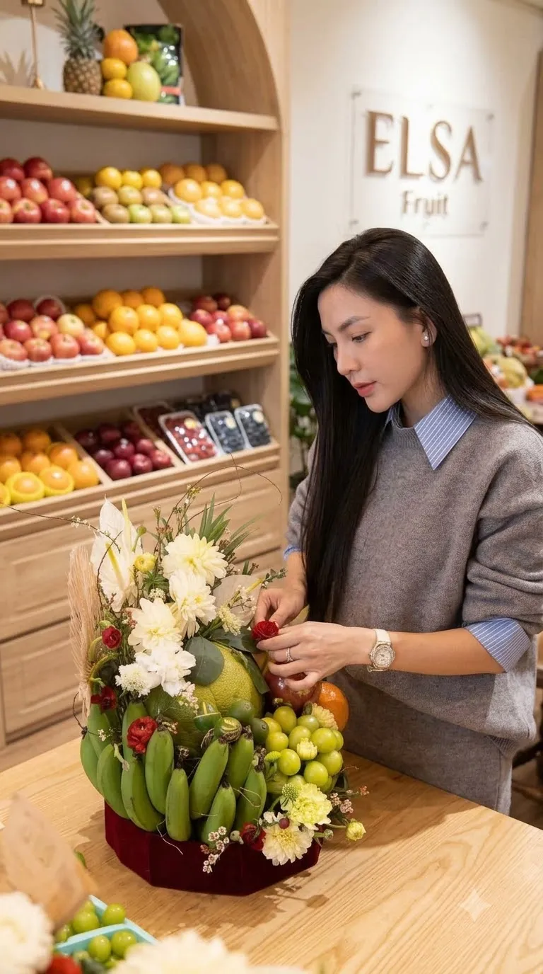 Nhân viên cắm mâm quả chuối xanh, bưởi và hoa trắng tại ELSA Fruit — ELSA Fruit Đức Hòa, Long An