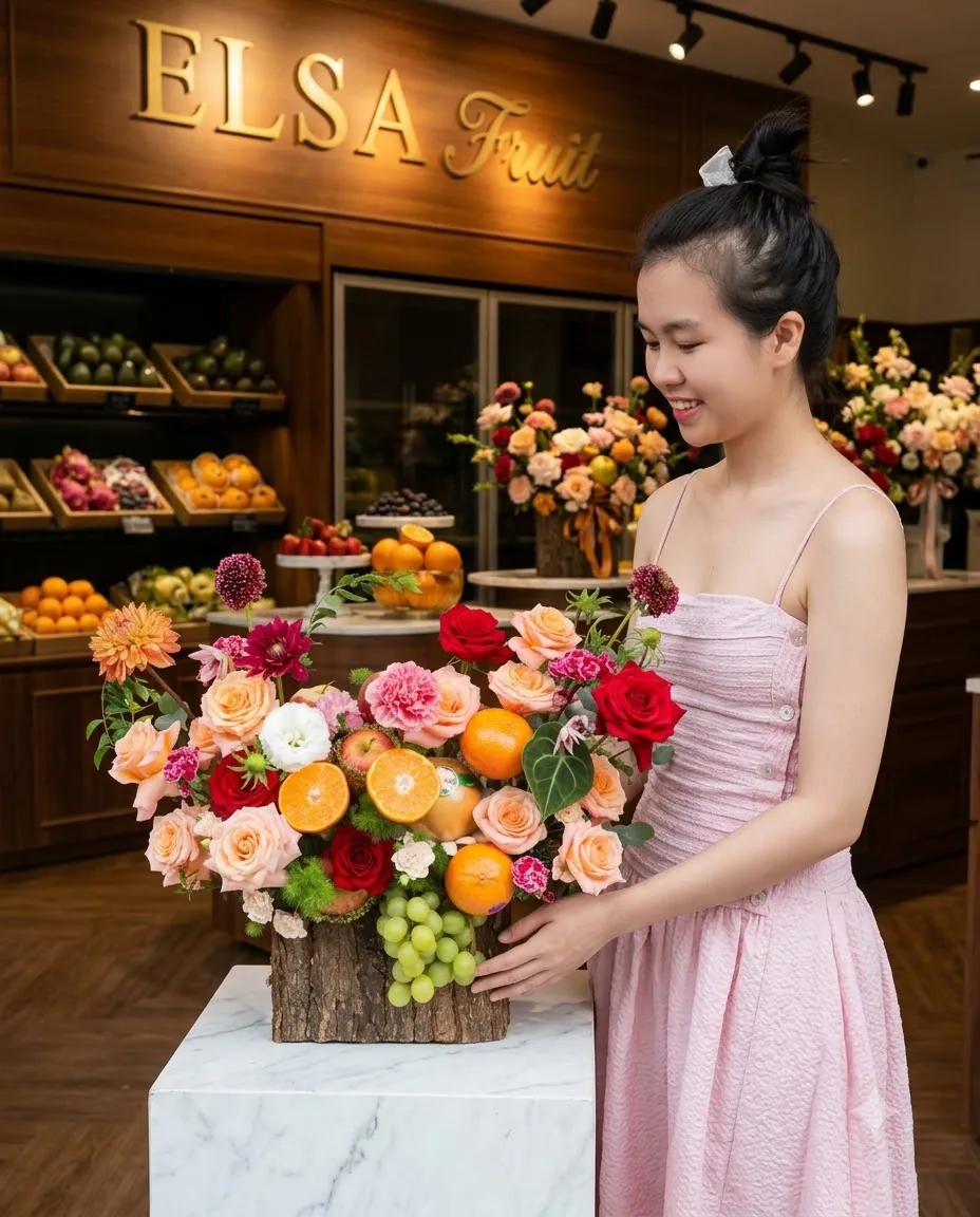 Nhân viên váy hồng cắm giỏ hoa quả cam, nho xanh và hoa hồng cam tại ELSA Fruit — ELSA Fruit huyện Trảng Bom, Đồng Nai