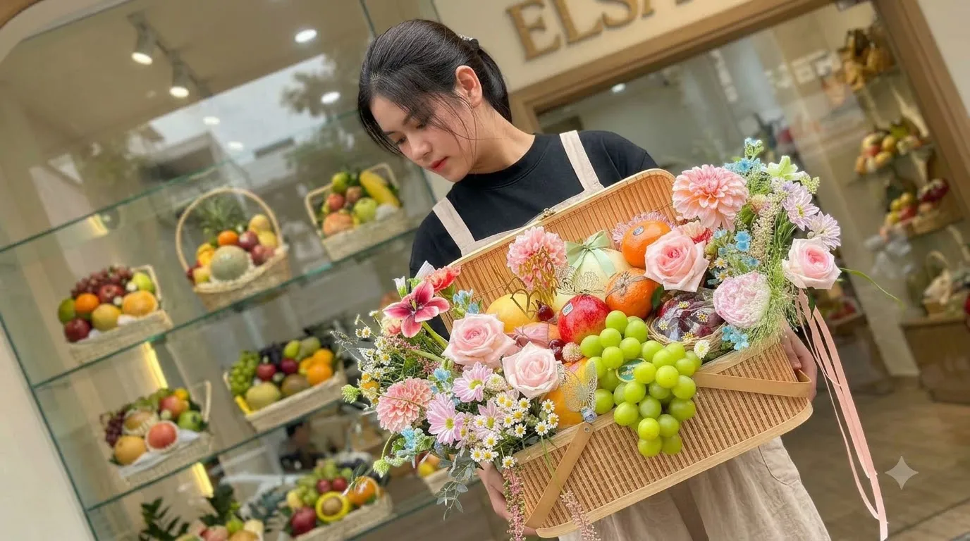 Nhân viên ôm giỏ mây nho xanh, cam và hoa hồng pastel tại ELSA Fruit — ELSA Fruit huyện Đắk Tô, Kon Tum