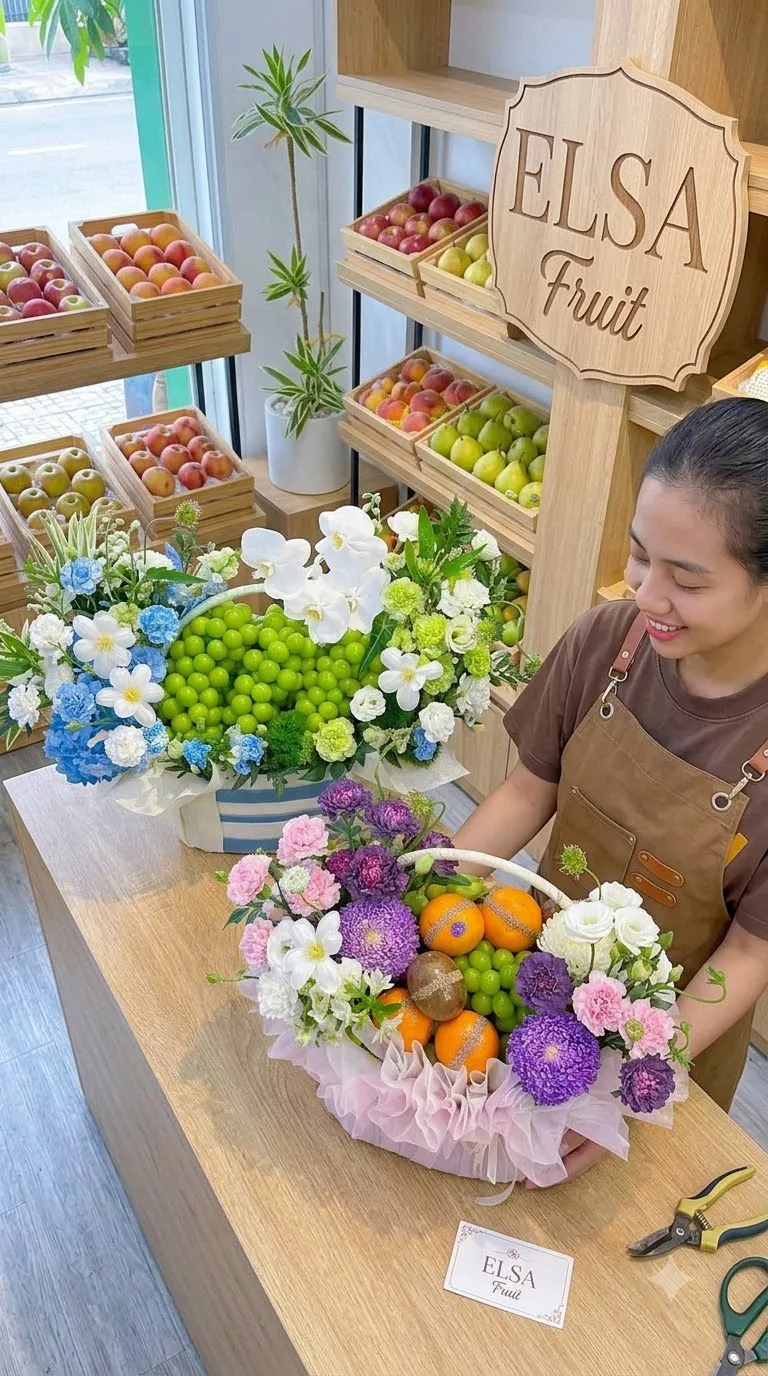 Nhân viên tạp dề nâu cắm giỏ hoa quả nho xanh, cam và hoa tím hồng tại ELSA Fruit — ELSA Fruit huyện Trảng Bom, Đồng Nai