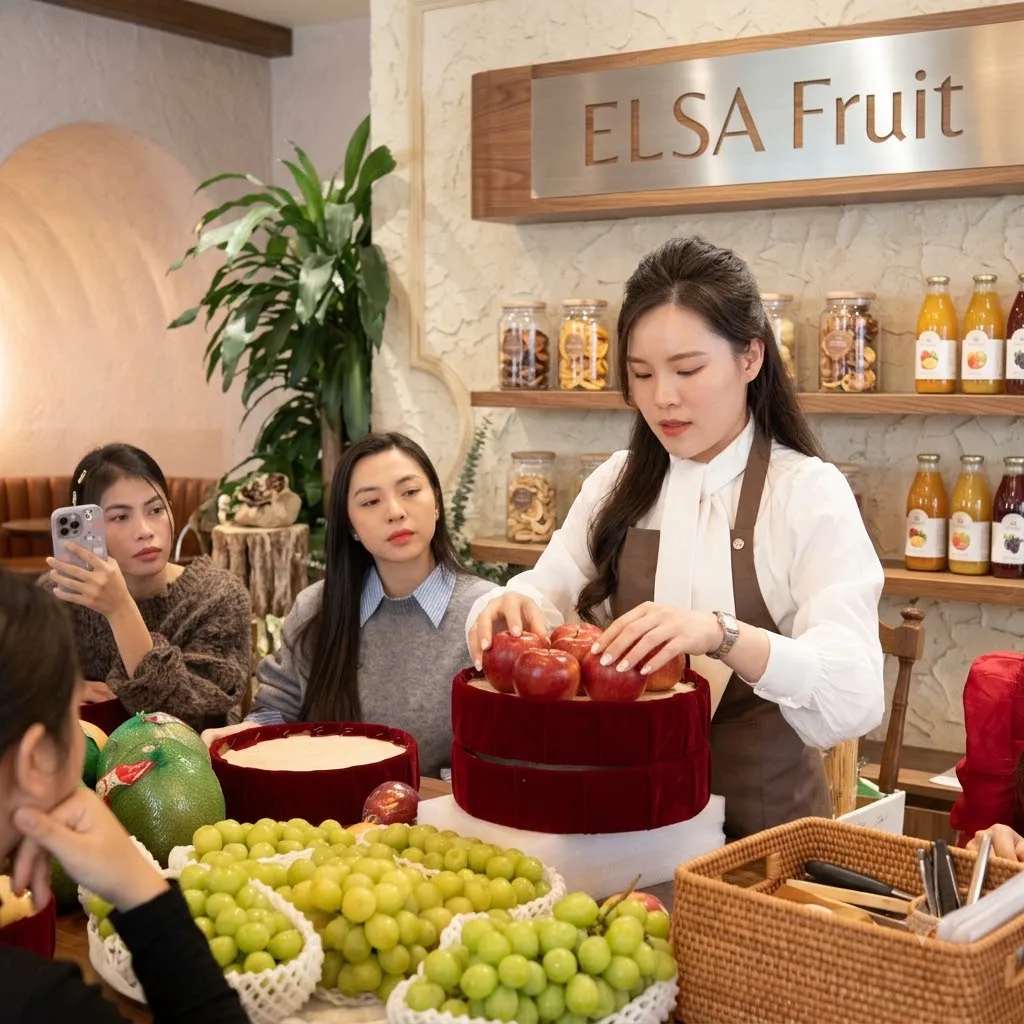 Nhân viên hướng dẫn khách làm giỏ quà với nho xanh và hộp quà đỏ tại ELSA Fruit — ELSA Fruit thị xã Ngã Năm, Sóc Trăng